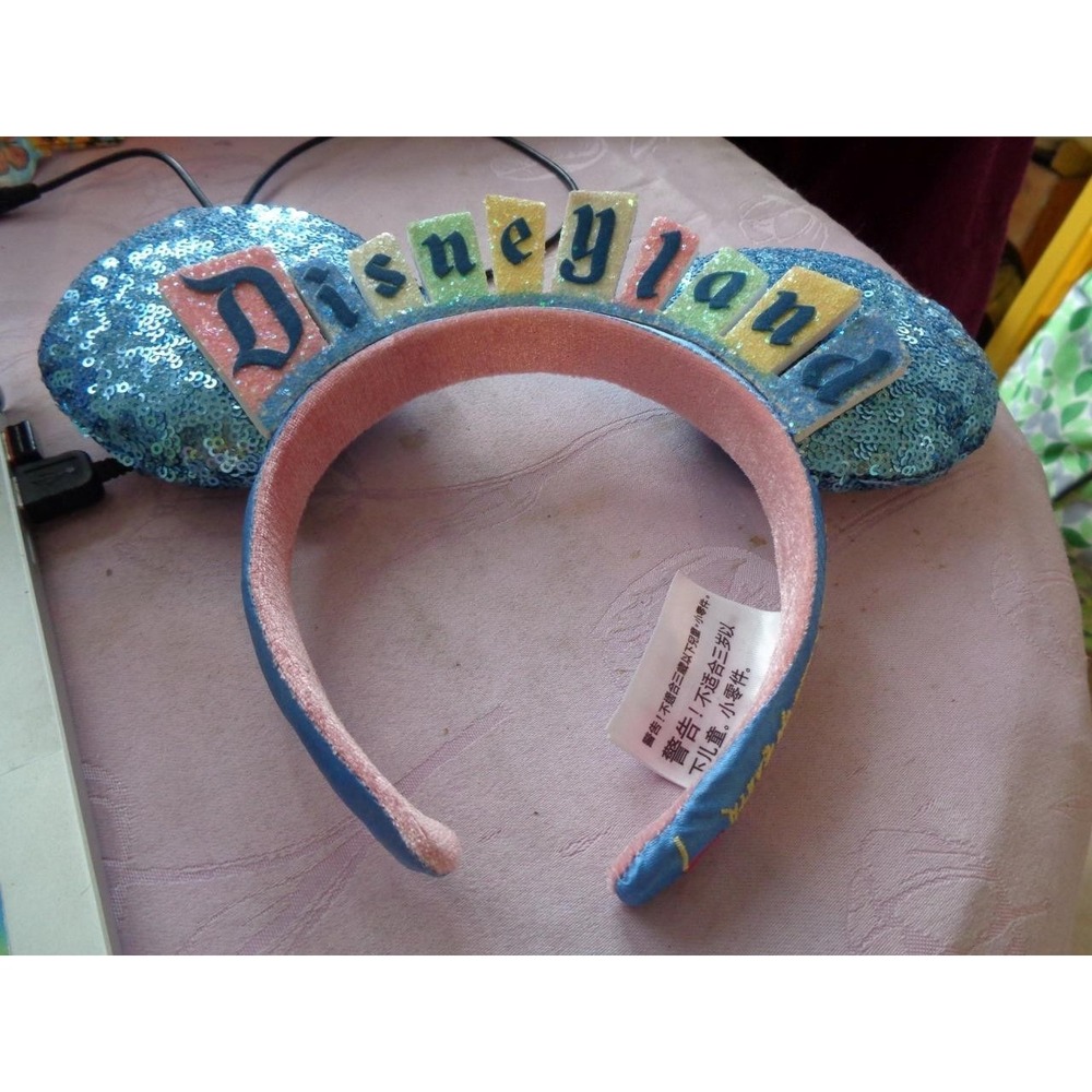 Disney Mickey Minnie Mouse Ears Sequin Disneyland Blue Happiest Place Headband